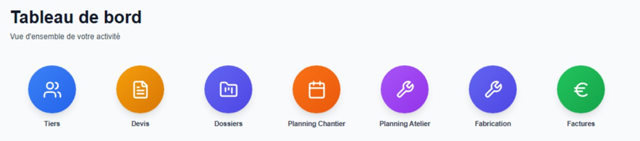 Aperçu des modules Nova Connect BTP : tiers, devis, dossiers, planning chantier, atelier, fabrication et factures